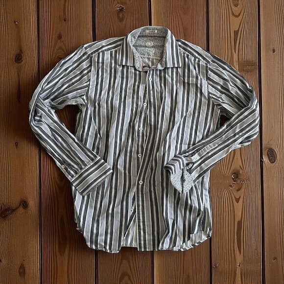 BUGATCHI Black White Striped Button Down Shirt Size Medium - Picture 1 of 6